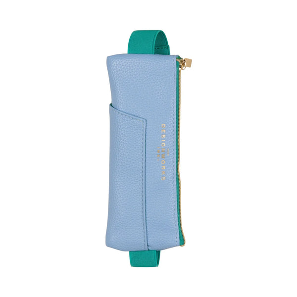 Light blue and green umbrella with a gold zipper on a white background