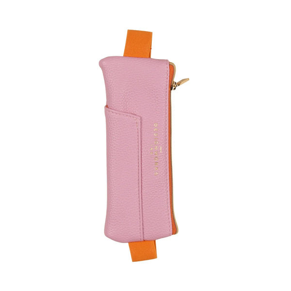 Pink pouch with orange accents on a white background