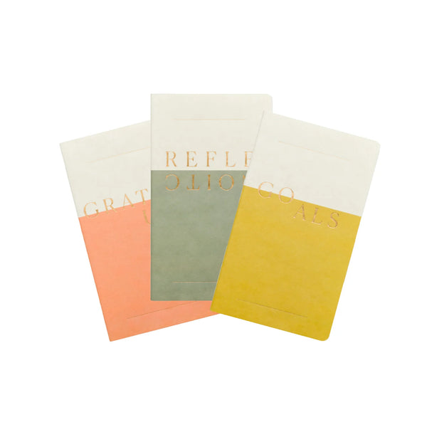 Three notebooks with different color covers on a white background