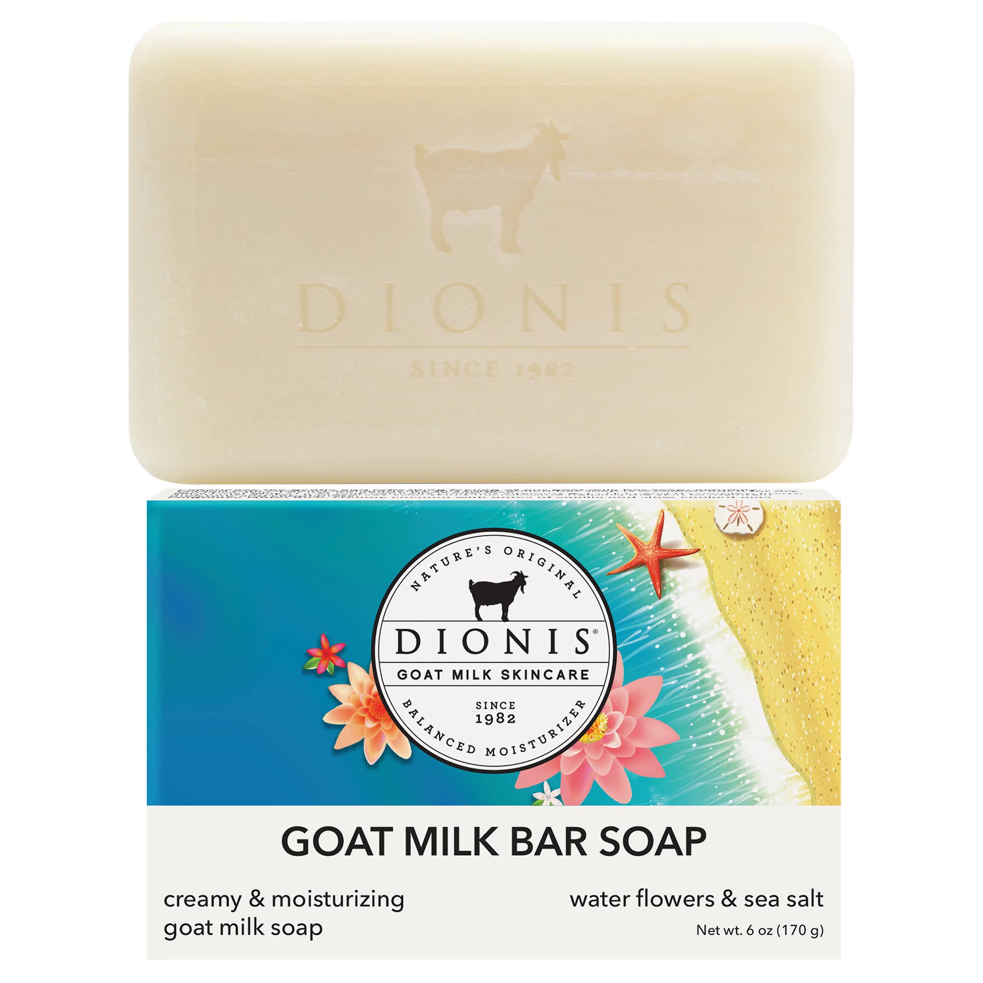 DIONIS WATER FLOWER & SEA SALT GOAT MILK BAR SOAP, 6 OZ