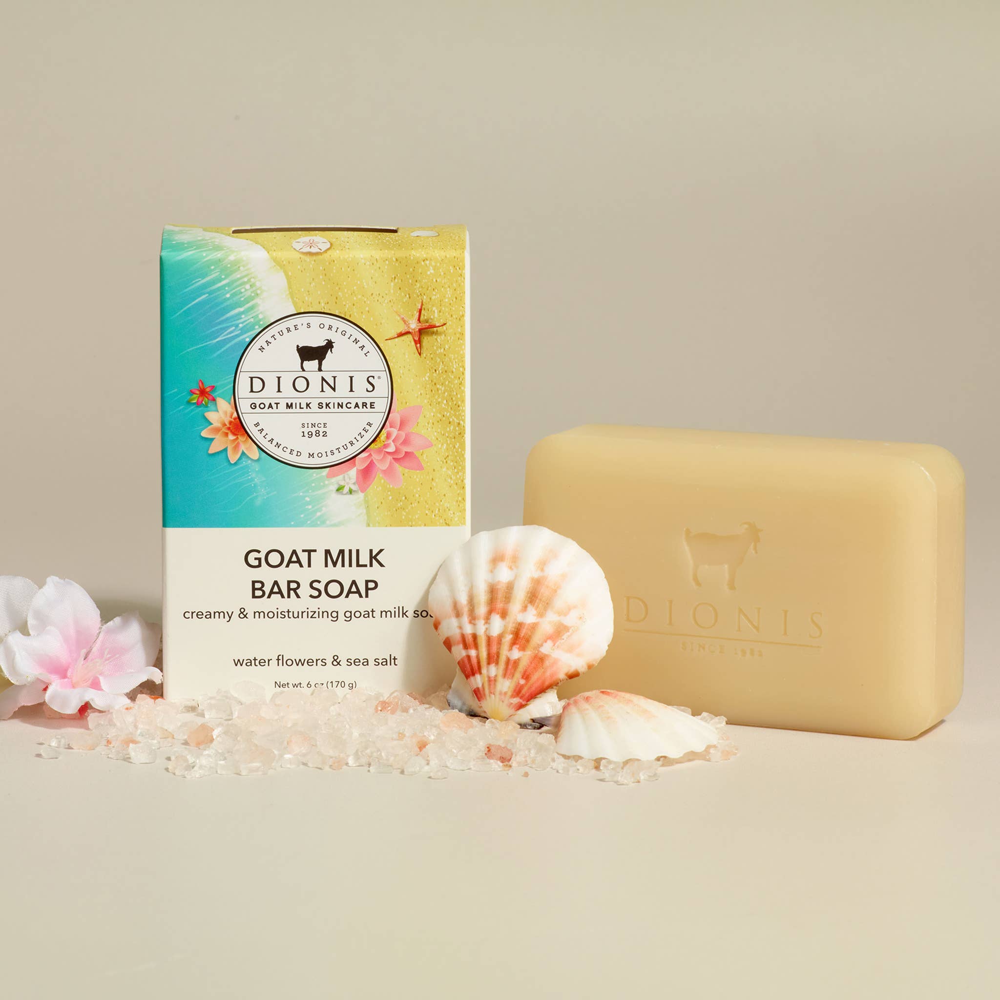 DIONIS WATER FLOWER & SEA SALT GOAT MILK BAR SOAP, 6 OZ