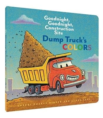 Book cover of 'Goodnight, Goodnight, Construction Site Dump Truck's Colors' with a cartoon dump truck and tree.
