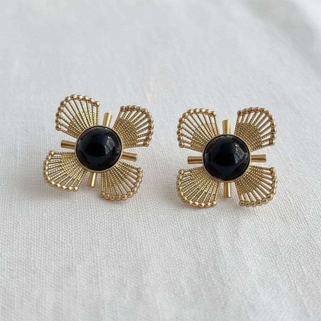 VINTAGE BLACK & GOLD FLORAL EARRINGS