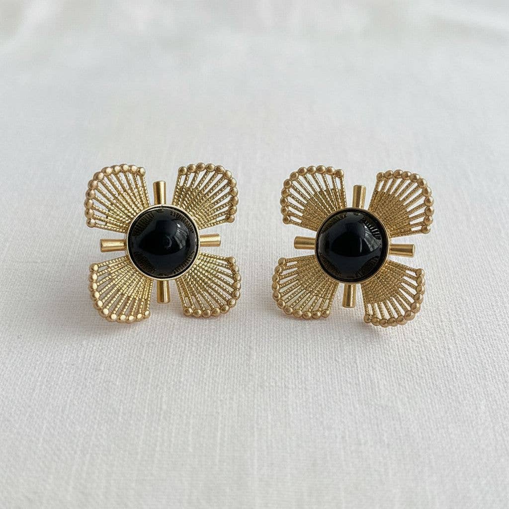 VINTAGE BLACK & GOLD FLORAL EARRINGS