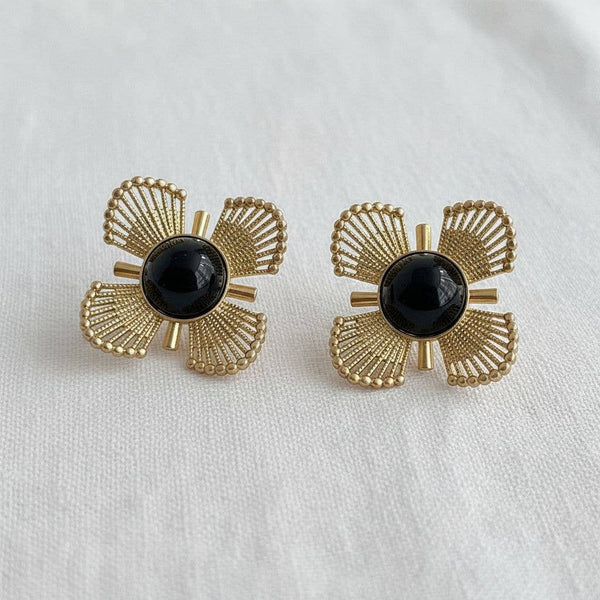 VINTAGE BLACK & GOLD FLORAL EARRINGS