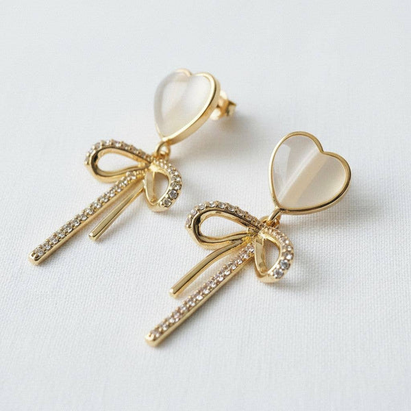 CAT'S EYE HEART BOW TASSEL EARRINGS