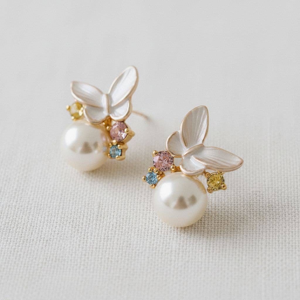 VINTAGE FRENCH PEARL & CZ BUTTERFLY STUDS