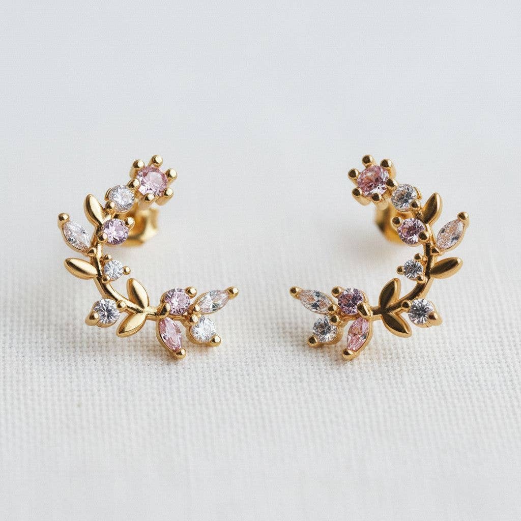 VINTAGE INSPIRED CUBIC ZIRCONIA FLOWER LEAF C-SHAPE EARRINGS
