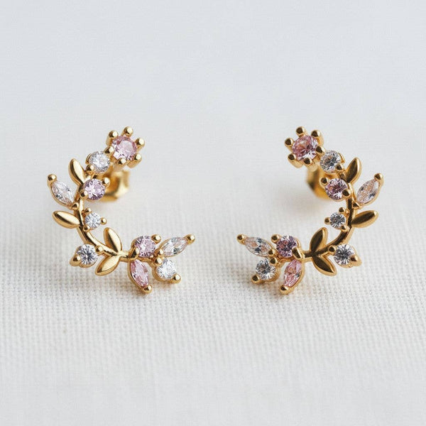 VINTAGE INSPIRED CUBIC ZIRCONIA FLOWER LEAF C-SHAPE EARRINGS