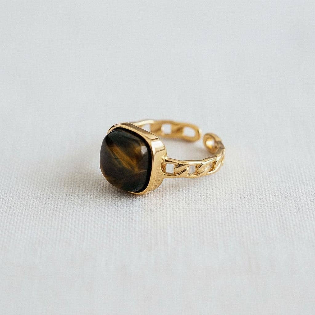 RETRO GEOMETRIC TIGER EYE STONE ADJUSTABLE RING