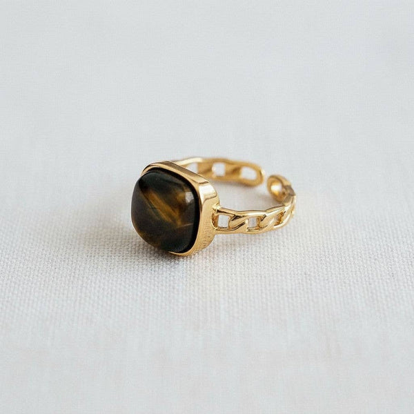 RETRO GEOMETRIC TIGER EYE STONE ADJUSTABLE RING