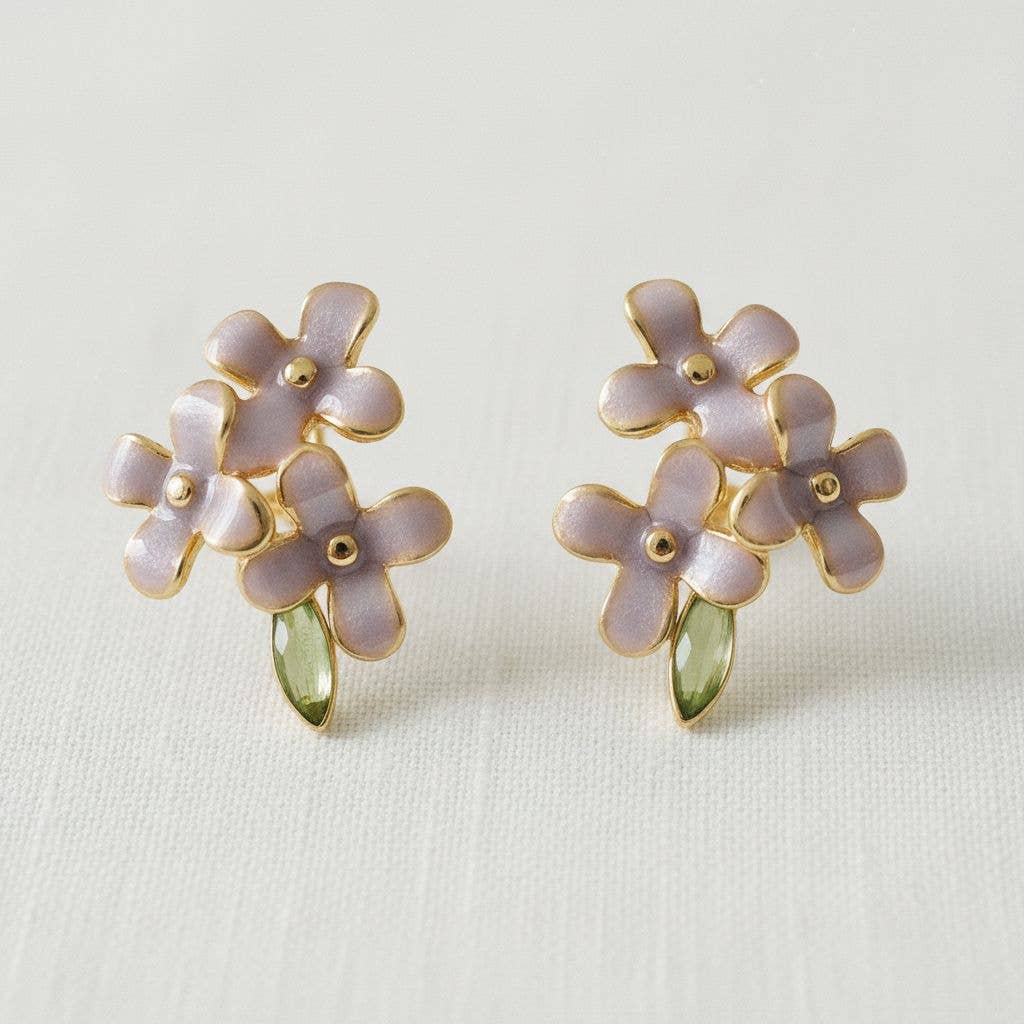 VINTAGE ENAMEL PURPLE FLOWER STUD EARRINGS