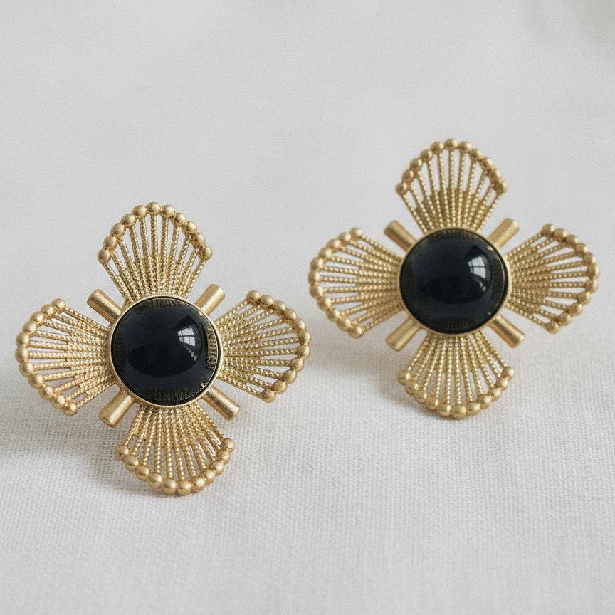 GOLD PLATED VINTAGE BLACK FLOWER STUD EARRINGS