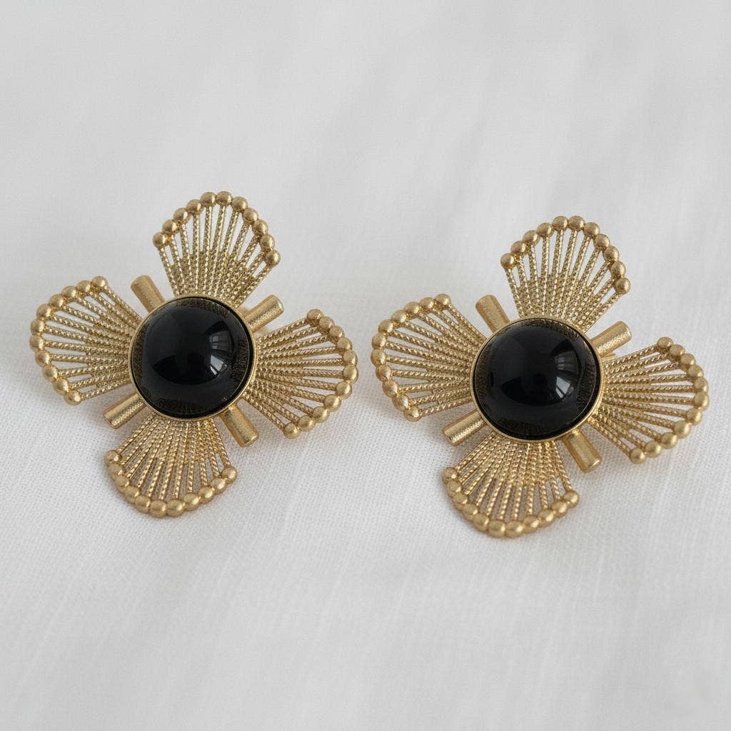 GOLD PLATED VINTAGE BLACK FLOWER STUD EARRINGS