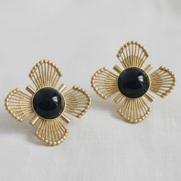 GOLD PLATED VINTAGE BLACK FLOWER STUD EARRINGS