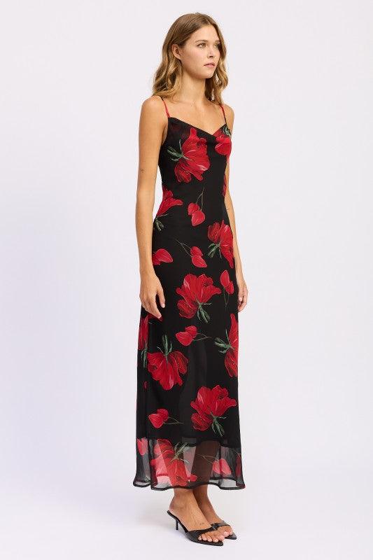 FLORAL PRINTED COWL NECK MAXI DRESS