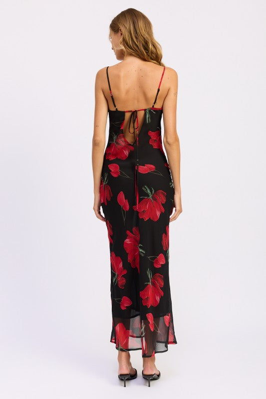FLORAL PRINTED COWL NECK MAXI DRESS