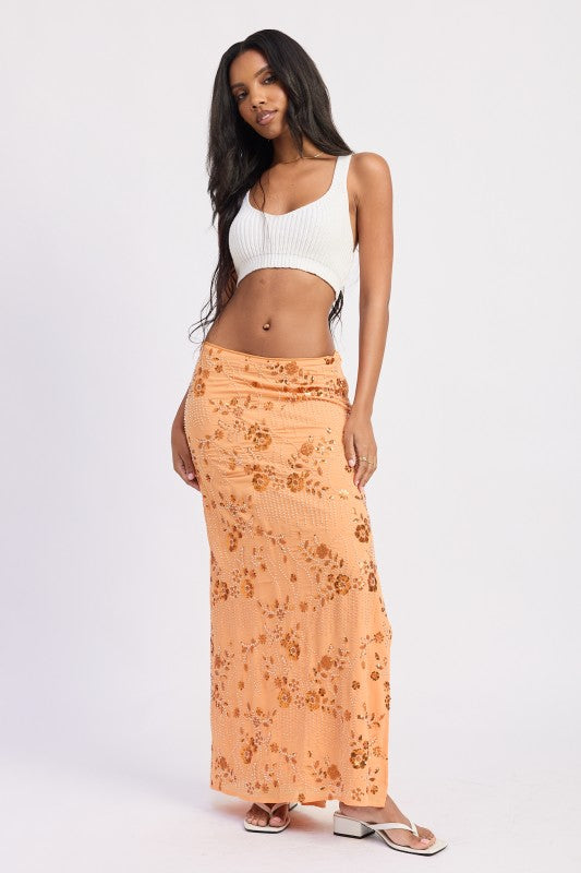 LOW WAIST BEADED MAXI SKIRT WITH SLIT