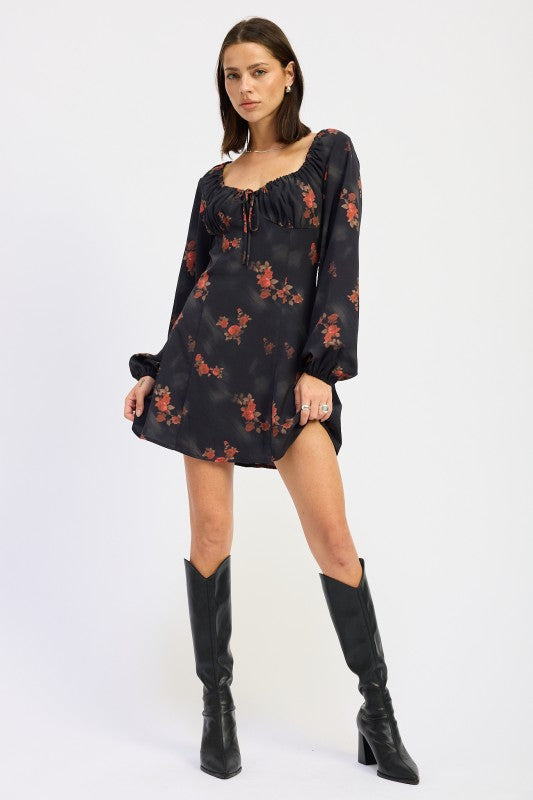 CLASSIC FLORAL LONG SLEEVE MINI DRESS
