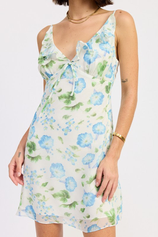 BLUE MORNING FLORAL MINI CHIFFON DRESS