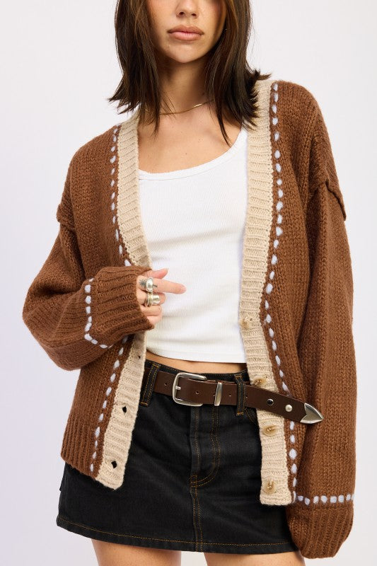 CHOCOLATE BUTTON DOWN CONTRAST CARDIGAN