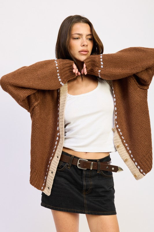 CHOCOLATE BUTTON DOWN CONTRAST CARDIGAN
