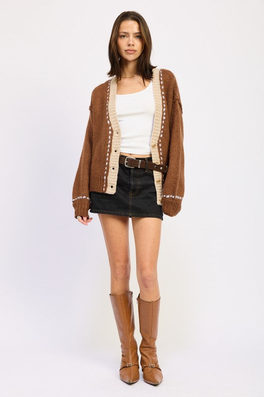 CHOCOLATE BUTTON DOWN CONTRAST CARDIGAN
