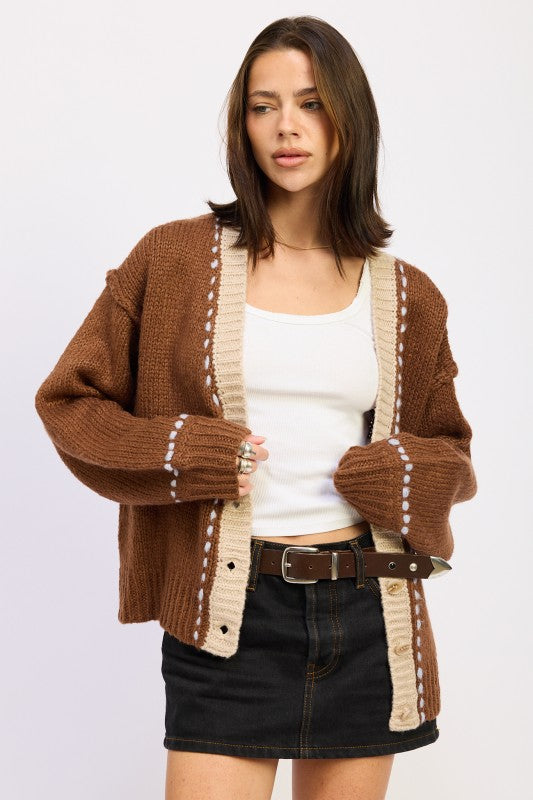 CHOCOLATE BUTTON DOWN CONTRAST CARDIGAN