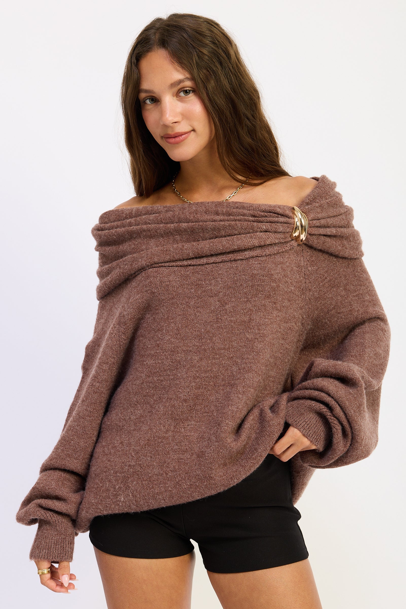 NADIA DRAMATIC OFF-THE-SHOULDER SWEATER