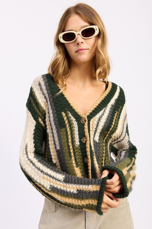 OLIVE COLOR MIXED CARDIGAN TOP