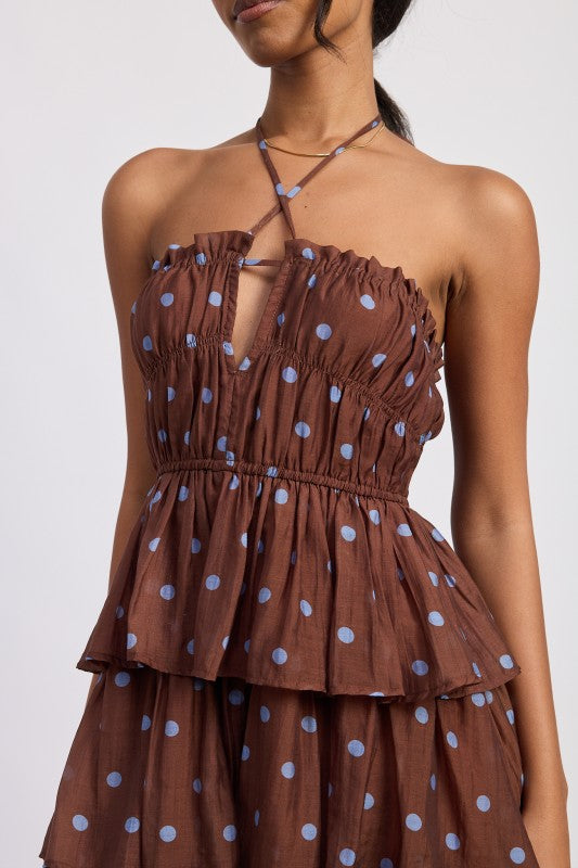 BROWN POLKA DOT RUFFLE HALTER DRESS
