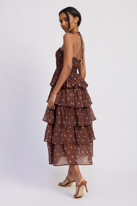 BROWN POLKA DOT RUFFLE HALTER DRESS