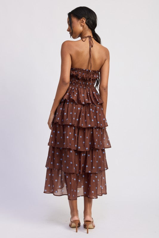 BROWN POLKA DOT RUFFLE HALTER DRESS