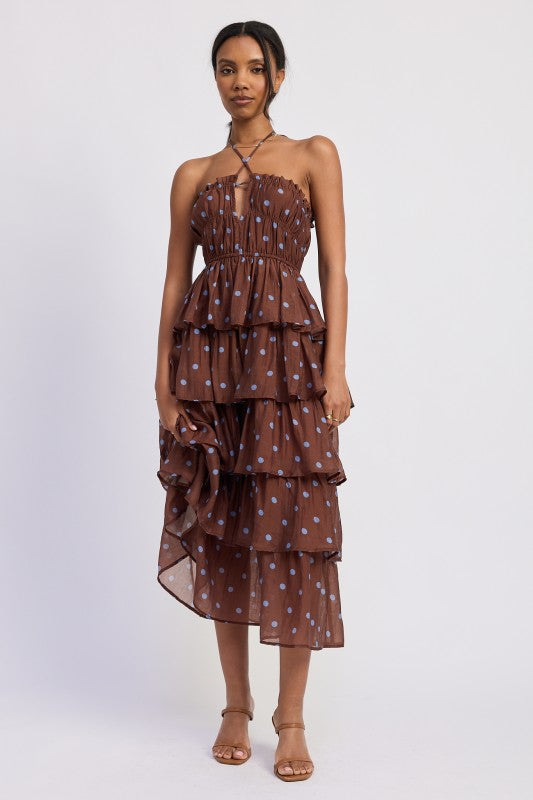 BROWN POLKA DOT RUFFLE HALTER DRESS