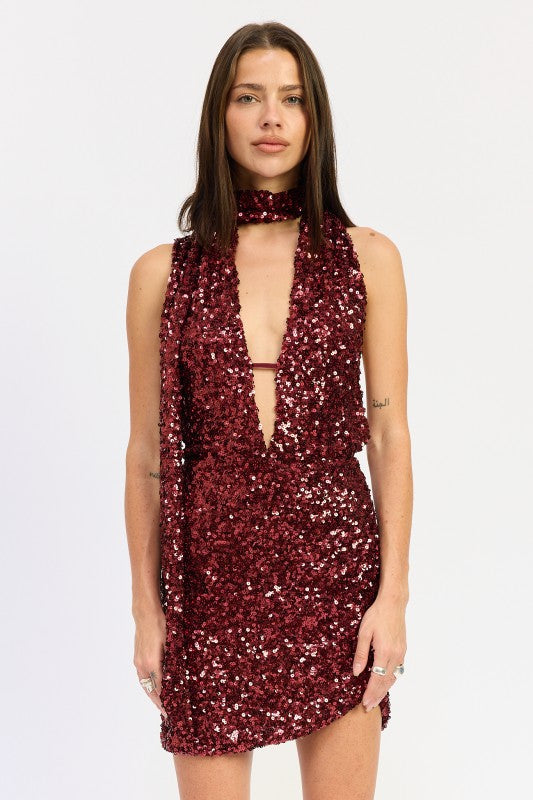 SEQUIN HALTER SCARF MINI DRESS