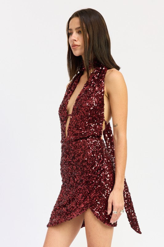 SEQUIN HALTER SCARF MINI DRESS