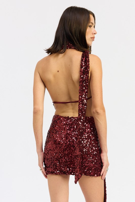 SEQUIN HALTER SCARF MINI DRESS