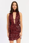 SEQUIN HALTER SCARF MINI DRESS