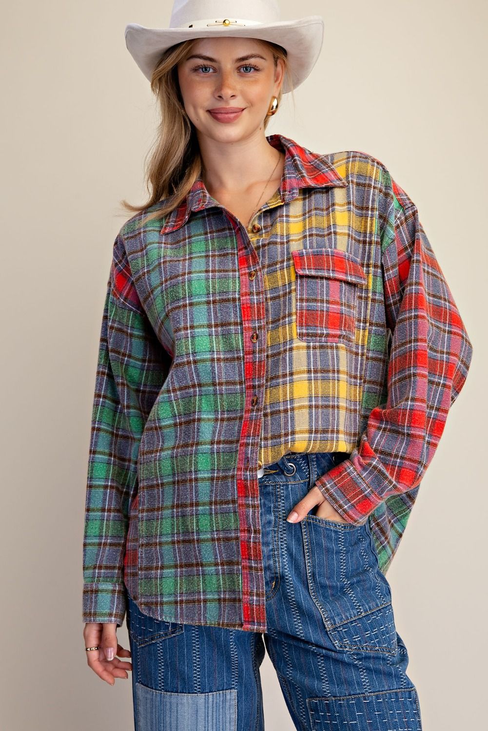 MULTI-PLAID BUTTON UP