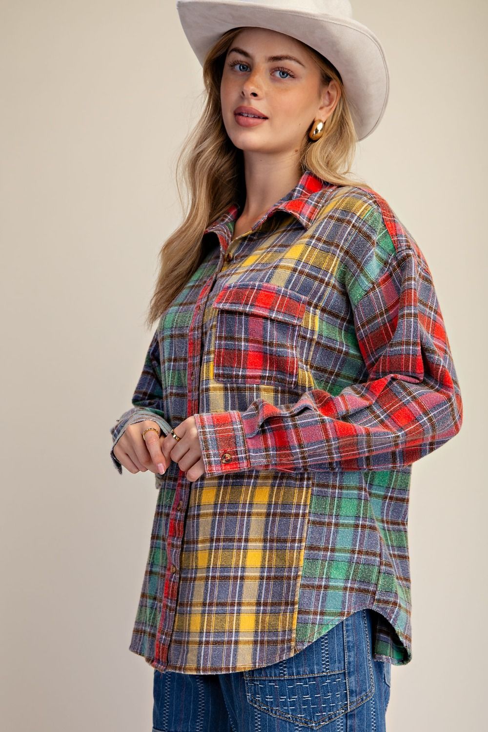 MULTI-PLAID BUTTON UP