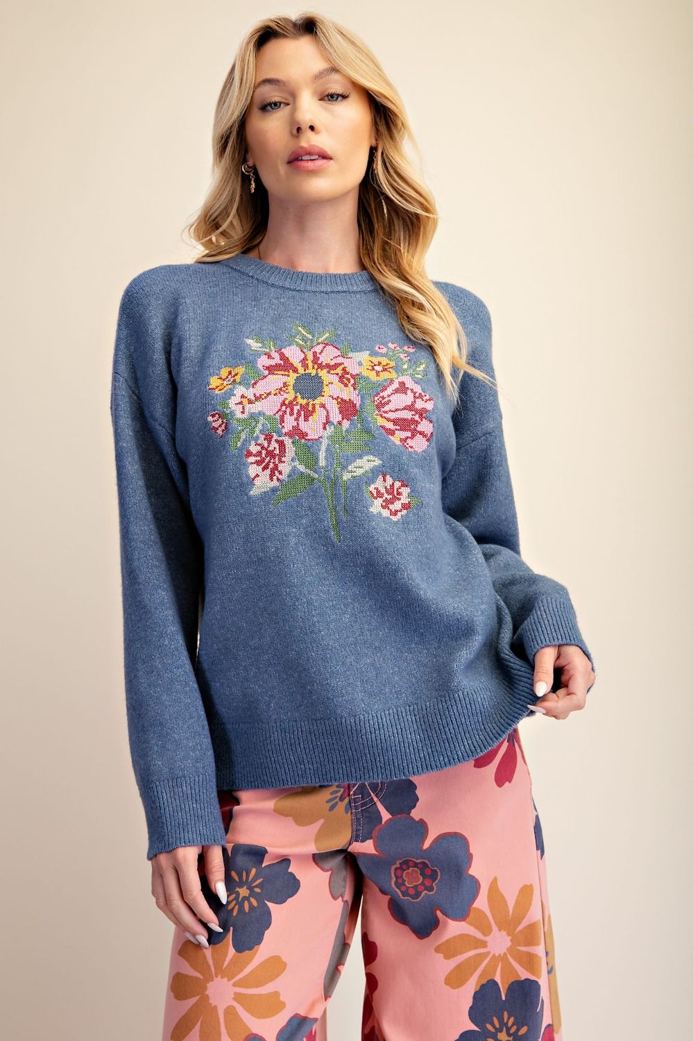 FADED NAVY FLORAL EMBROIDERED SWEATER