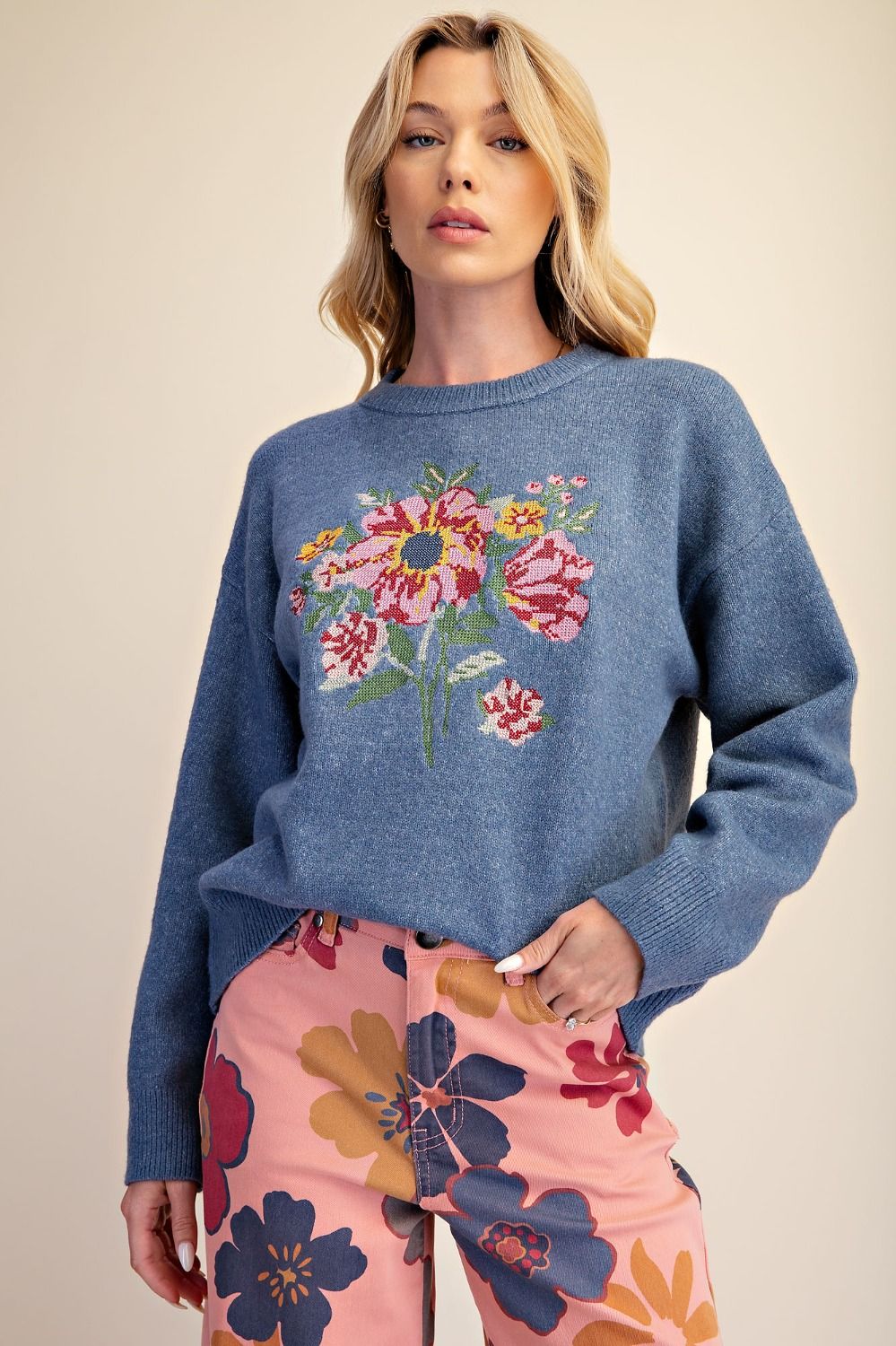 FADED NAVY FLORAL EMBROIDERED SWEATER