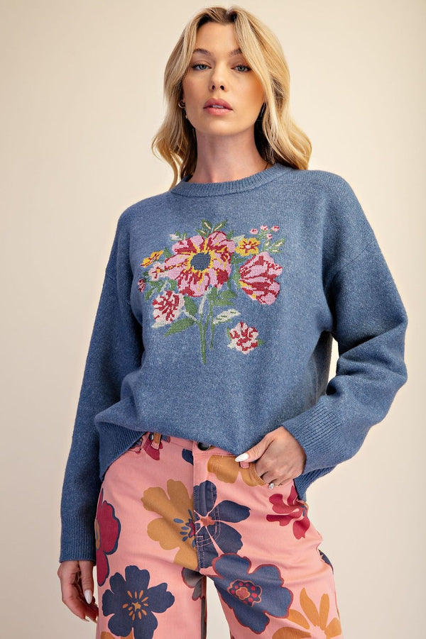 FADED NAVY FLORAL EMBROIDERED SWEATER