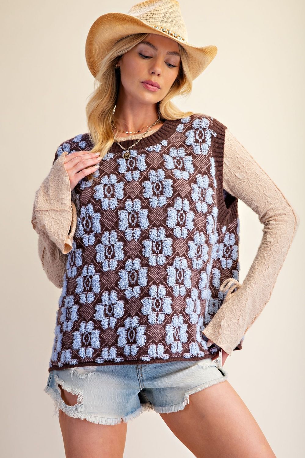 FLORAL PATTERN KNITTED SWEATER VEST