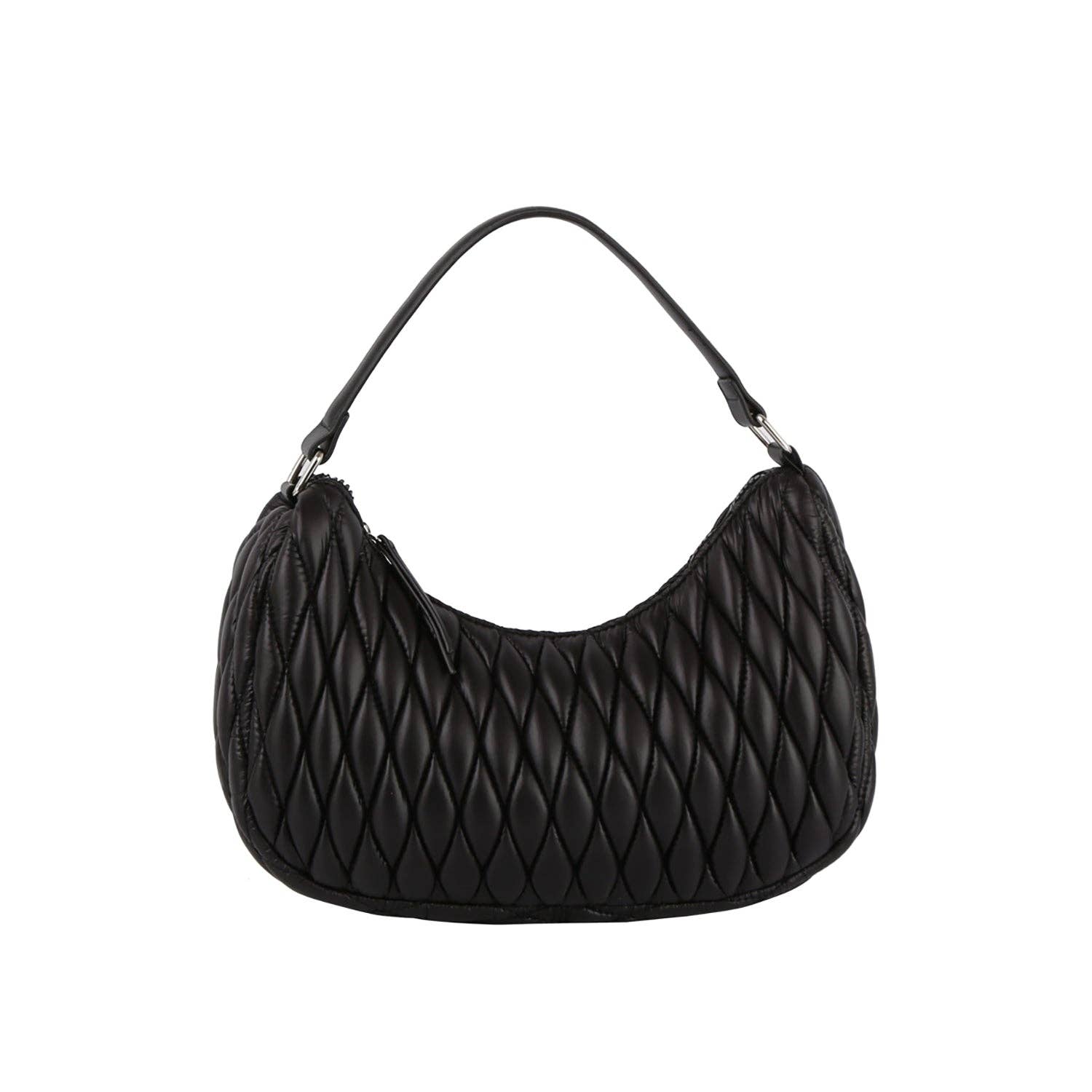 Black quilted hobo shoulder bag with a zip top closure and silver-tone color hardware