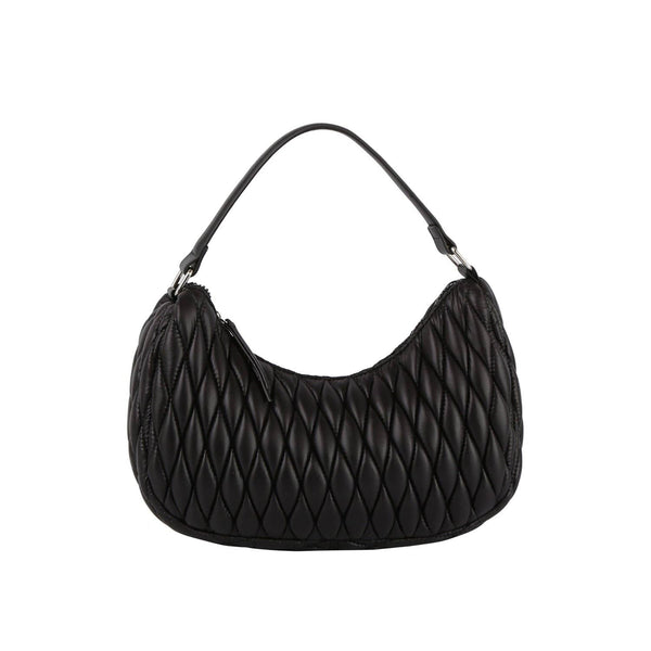 Black quilted hobo shoulder bag with a zip top closure and silver-tone color hardware
