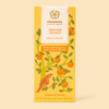 Packaging of Elements brand Orange Crunch dark chocolate bar with illustrations of oranges and a bird, highlighting 3 sugar per serving and 70% dark chocolate content.