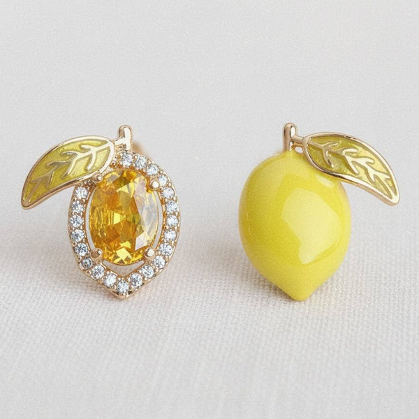 ZIRCON LEMON ENAMEL DRIP ASYMMETRIC STUD EARRINGS