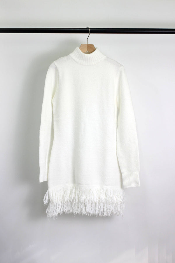 KNIT SWEATER DRESS WITH FRINGED HEM