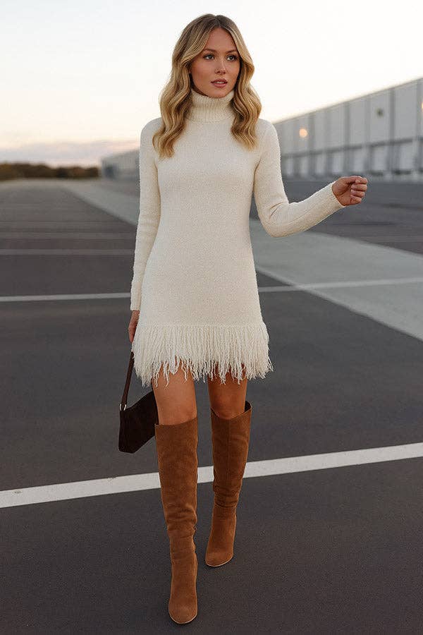 KNIT SWEATER DRESS WITH FRINGED HEM